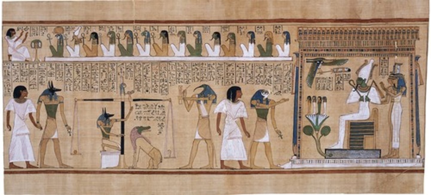 <p>Date/Style: New Kingdom, 1275 BCE</p><p>Materials/Tech: Painted papyrus</p><p>Location: Memphis, Egypt</p><p>Function: Instructions to guide Hunefer to the afterlife</p>