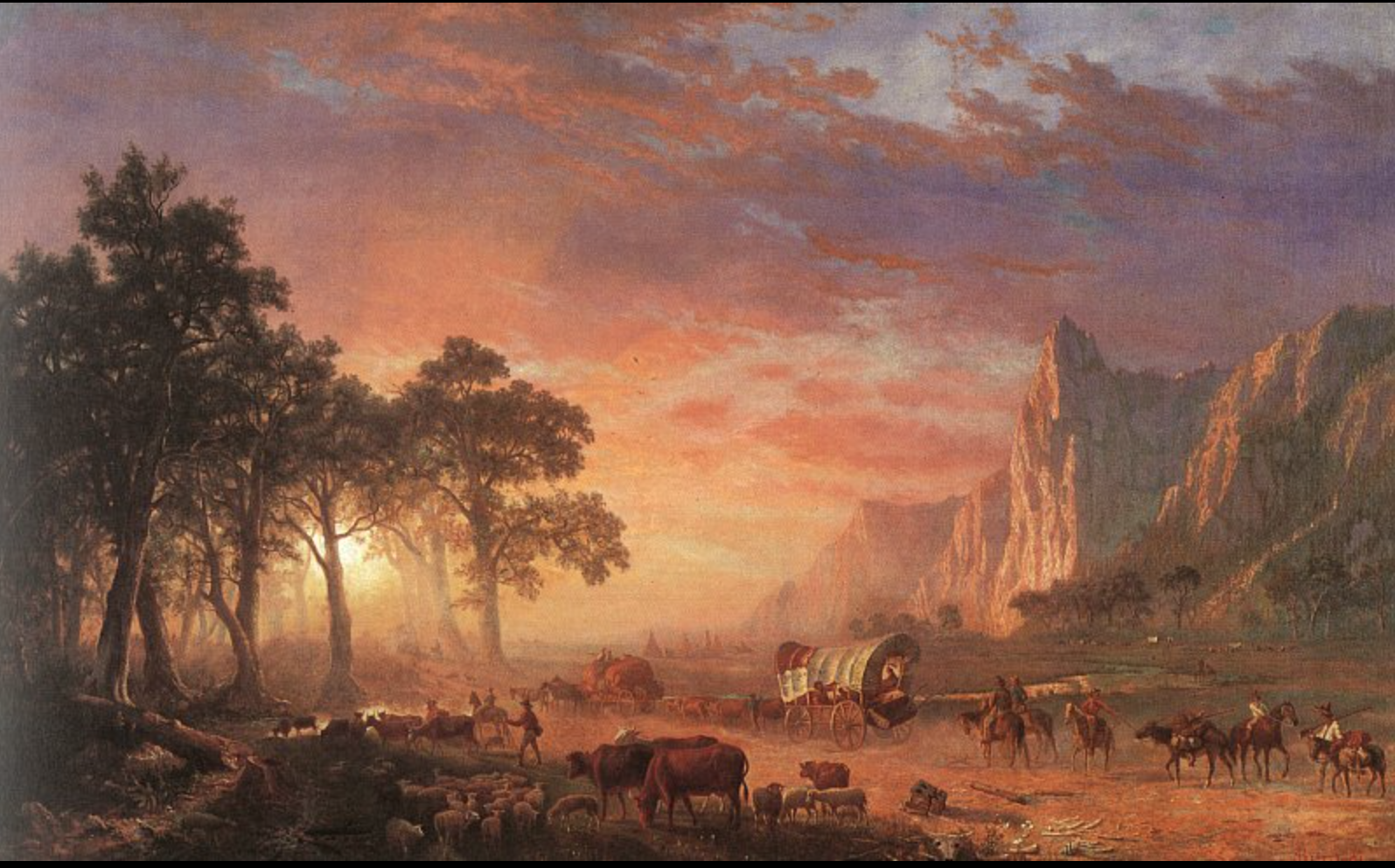 <p><mark data-color="unset" style="background-color: unset; color: inherit;">This was a 2,000-mile historical route from the Missouri River to Oregon City, Oregon</mark>, used by hundreds of thousands of pioneers between the 1840s and 1860s to settle the American West, notably the Willamette Valley. This arduous overland journey took months by wagon, leading through present-day Kansas, Nebraska, Wyoming, and Idaho, before reaching the Pacific Northwest. Painting called the Oregon Trail, by Albert Bierstadt.</p>