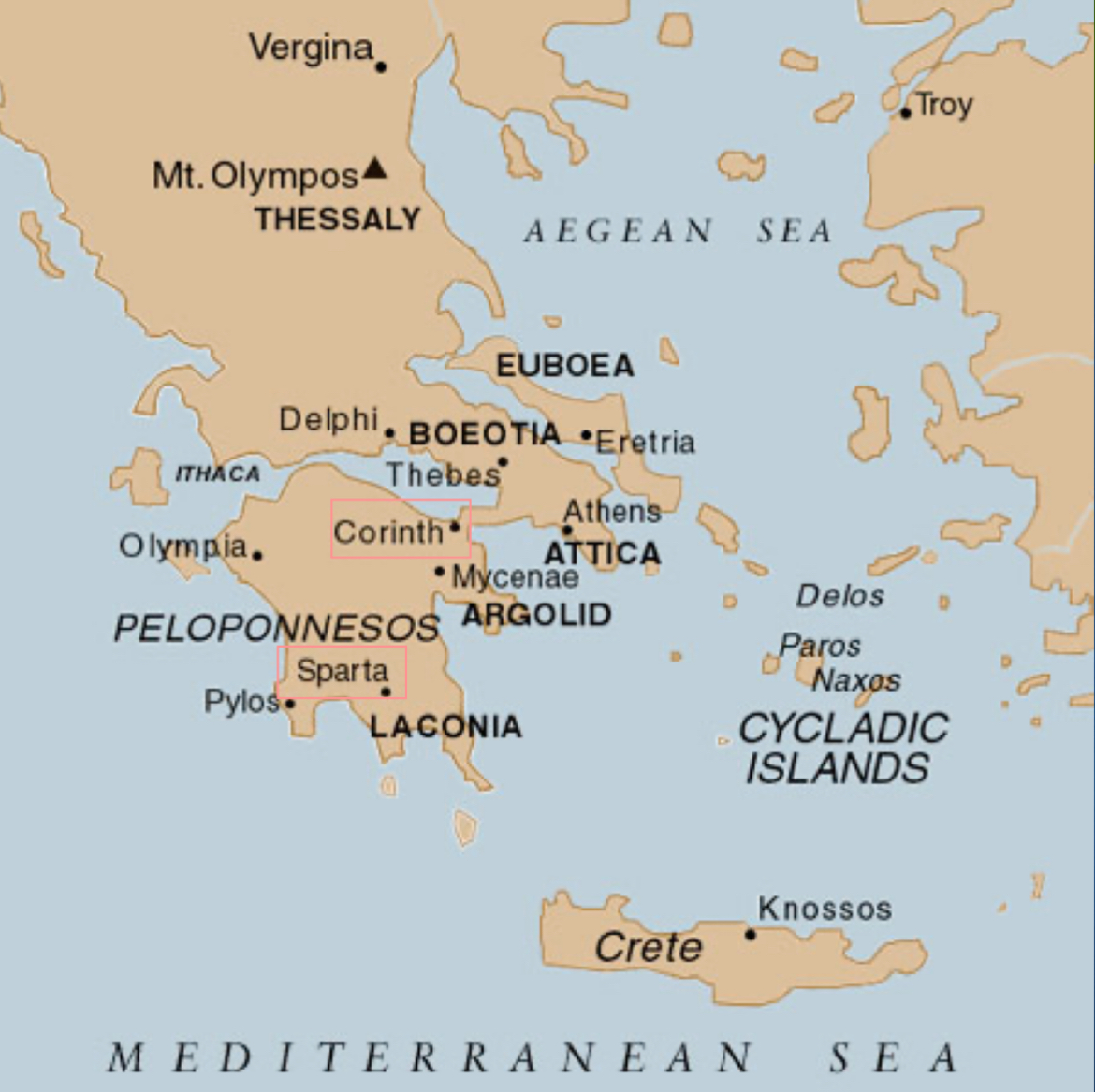<ol><li><p>At isthmus of Corinth: Corinth</p></li><li><p>in Laconia: Sparta</p></li></ol>