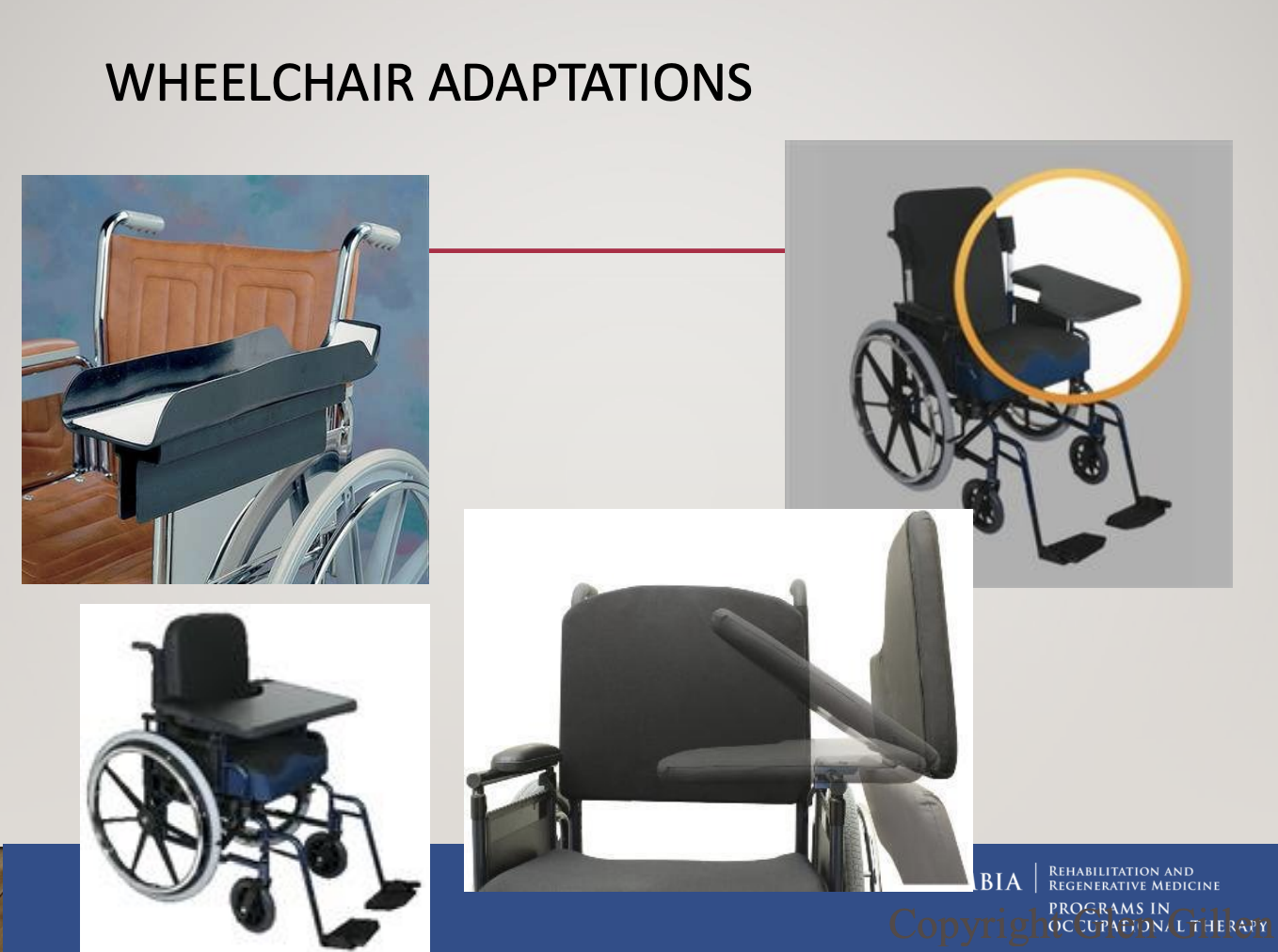 <p><strong><u>to support the arm and shoulder when sitting in a wheelchair</u></strong></p><ul><li><p><strong><u>to prevent subluxation&nbsp;</u></strong></p></li></ul><p>e.g.,&nbsp;</p><ul><li><p><em>full-trays (left photo)</em></p></li><li><p><em>half-trays (right photo)&nbsp;</em></p></li></ul><p></p>