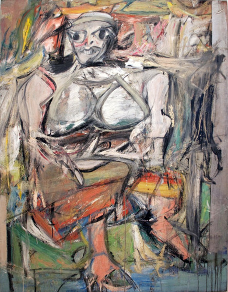 <p>Women, 1<br>1950-1952. William de Kooning. Abstract expressionist. Oil on canvas<br>⅙ paintings<br>Took a a long time, revisited and added things as he went. Subconscious decides<br>Intended to highlight archetypal women in media, resembles paleolythic women figurines.<br>Or an idol? Female presenting deity<br>Reclining female nude in renaissance post<br>Stereotype compilation. Fine line between fear and reverence of femininity. Rejection of conventional beauty standards<br>Anxiety/fear around the feminine<br>Many accused his representational drawings as being against modernity, regression to tradition<br>Both the brushstrokes and figure are somewhat frightening, and caused accusations of misogyny.<br>Frightening representation<br>Jagged application of paint<br>LIKE IMPROV 28 (color interrupted by bold black lines)<br>Self-portrait as a soldier SIMILARRR recognizable figure but anxious setting, frightening</p>