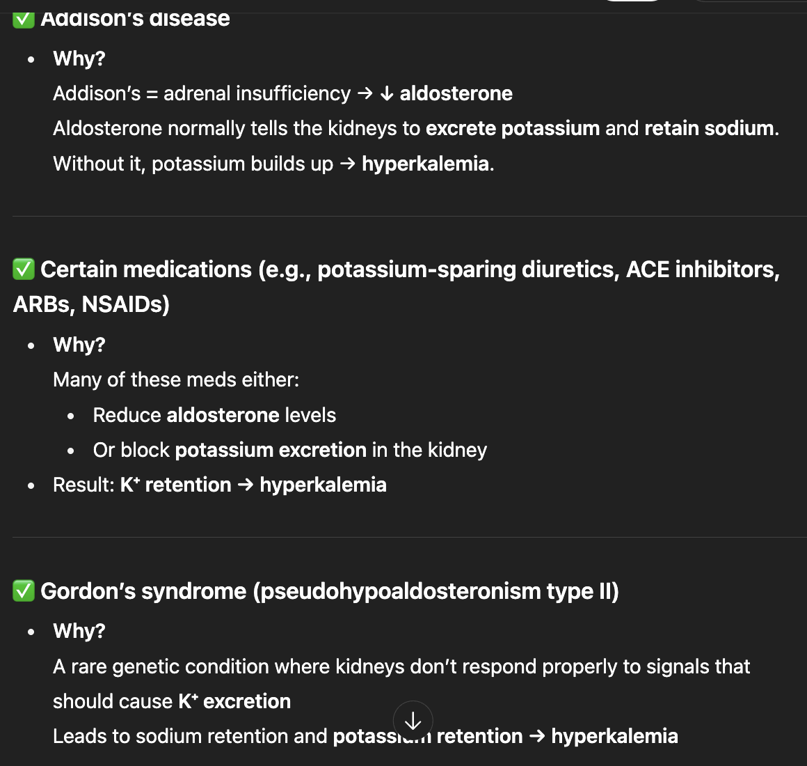 <p>renal failure, </p><p>Addison’s disease, </p><p>certain medications, </p><p>Gordon’s syndrome</p>