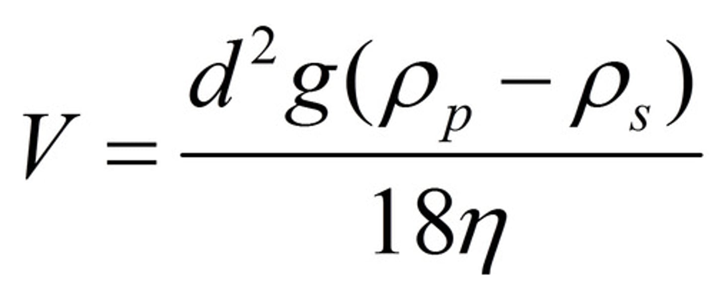 <p>speed at which particles of sediment drops based on radius and density; bigger particles drop faster</p>