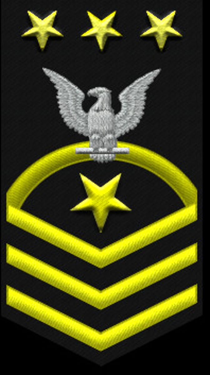 <p>Fouled anchor with silver USN in the center and three gold 5-point stars E9</p>