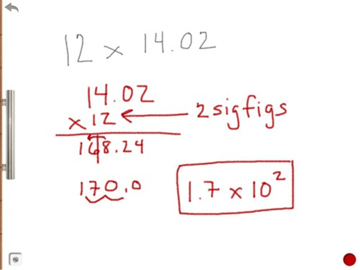 <p>the result carries the same number of significant figures as the factor with the fewest significant figures</p>