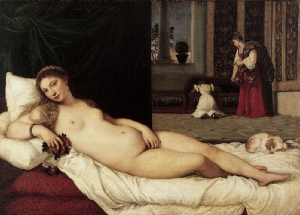 * An example of sexuality and sensuality being represented in art, seems inviting and 
* Hidden symbolism (flowers =  sexuality, sleeping dog = less loyalty to a single sexual partner? At least compared to Giovanni Arnolfini and his wife by Van Eyck)
* Titled Venus of Urbino, who’s a greek figure, but possibly representing her as a human because of servants in back looking through a cassoni for clothes