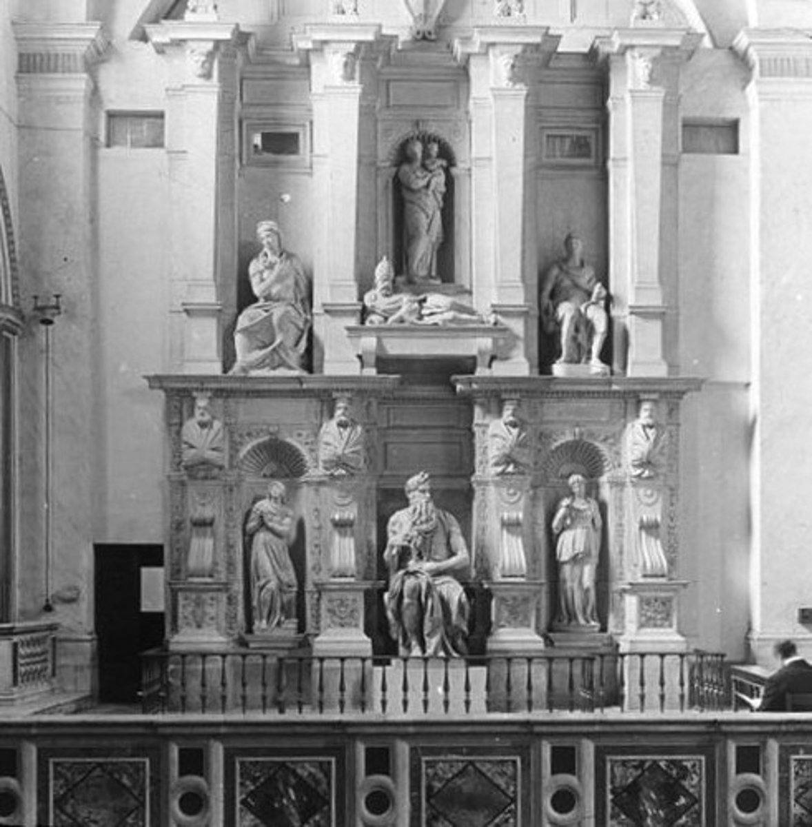 <p>Artist: Michelangelo</p><p>Location: Originally intended for St. Peter's Basilica, the structure was instead placed in the church of San Pietro in Vincoli on the Esquiline in Rome</p><p>Medium: Marble</p><p>Patron: n/a</p><p>Important Info:</p><p>*How long did it take M to complete? 40 years *</p><p>*How did the commission change after the death of Julius? a simple wall tomb with fewer than one-third of the figures originally planned*</p>
