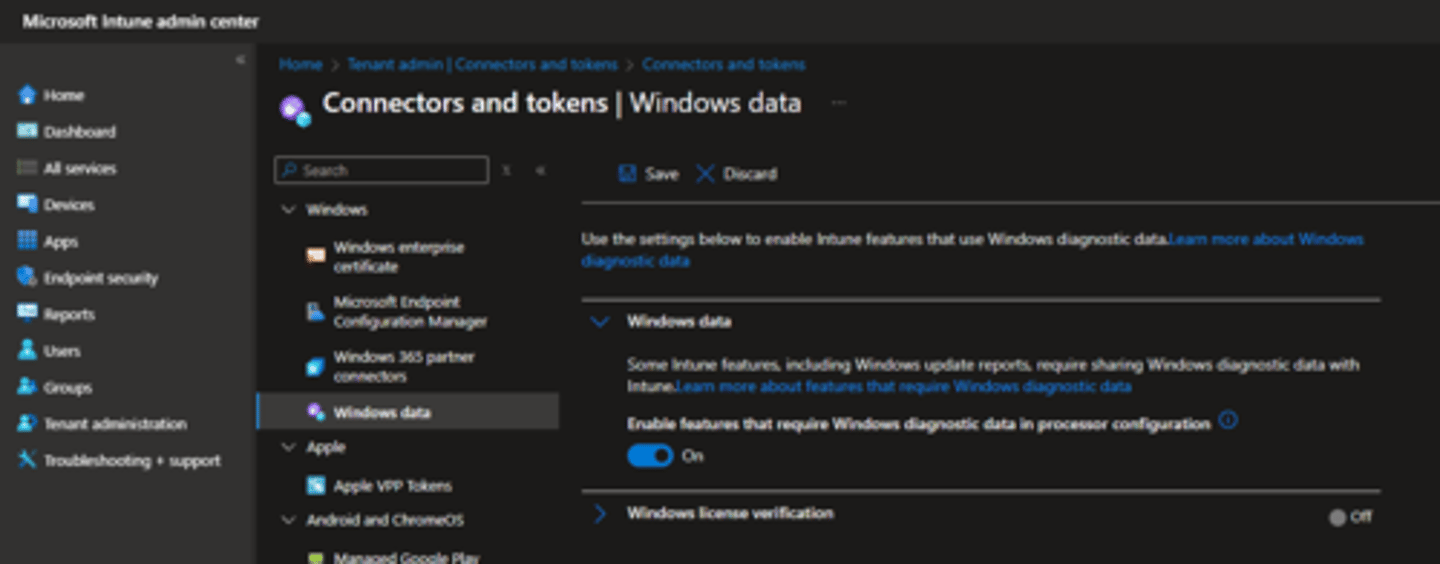 <p>Tenant Administration &gt; Connectors and Tokens &gt; Windows Data &gt; enable "Enable features that require Windows diagnostic data in processor configuration"</p>