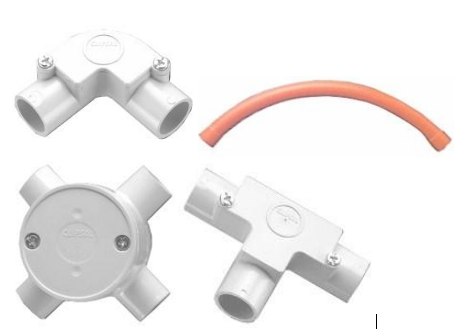 <p>PVC inspection elbow, conduit bend, junction box 4-way entry, inspection tee</p>