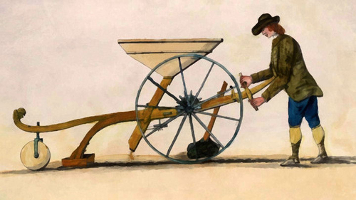 <p>18th century improved farming efficiency through innovations like Jethro Tull's seed drill, increasing food production.</p>