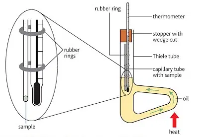 <p>A Thiele tube is used to determine the melting point of solid substances. It is a glass apparatus specifically designed for heating and observing the melting of a sample in a controlled environment.</p>