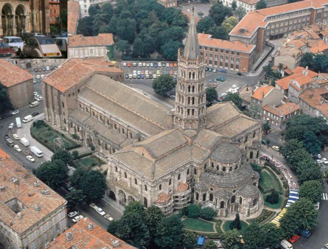 <p><span style="color: rgb(255, 255, 255);"><span>Saint-Sernin (Saint Saturninus), Romanesque, Toulouse, France, 1070-1120</span></span></p><p><span style="color: rgb(255, 255, 255);"><span><br>• Basilica plan<br>• Stone construction<br>• Rounded arches on<br>doors and windows<br>• Plain exterior</span></span></p>