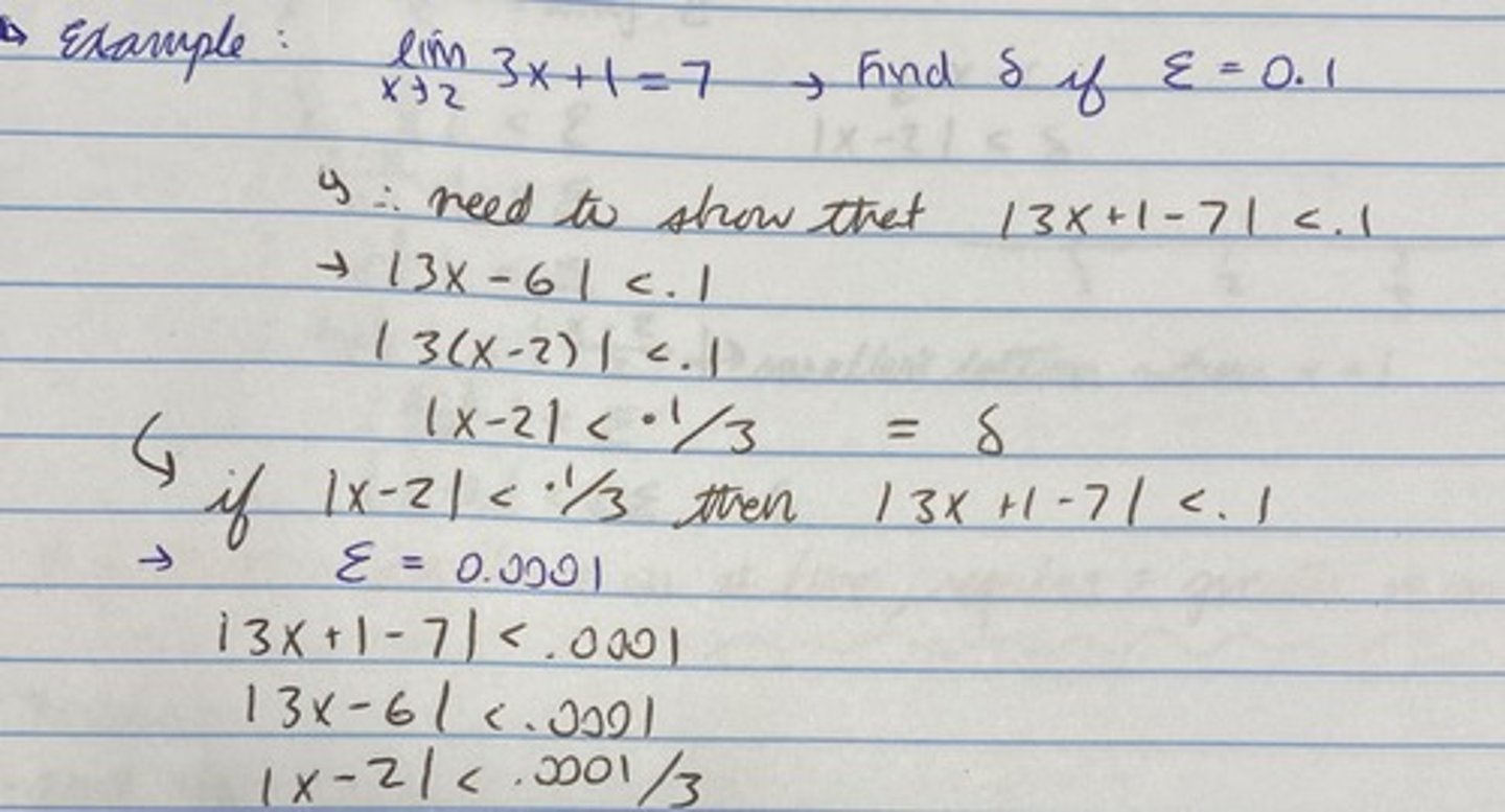 <p>-You are solving for δ-</p><p>1. | f(x) - L | < y</p><p>2. Make | f(x) - L | into | x-c | form, applying what you don't need to y</p><p>3. Set what is done to L = δ</p>