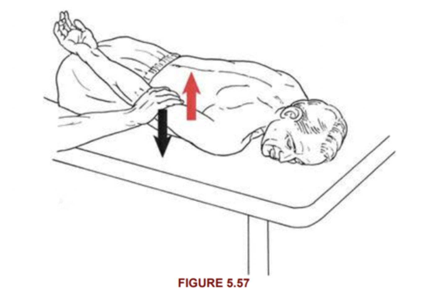 <p>-post delt, lat dorsi, teres M, LH triceps</p><p>Position: prone, arms at side, shoulders internally rotated for palms up</p><p>Instruction: stand at side, pt lift arm asap, position arm at end range, apply resistance distal humerus</p><p>2/5: partial rom</p><p>3/5: full 90 rom w/out resistance</p><p>4/5: hold against strong resis</p><p>5/5: hold against max resis</p>