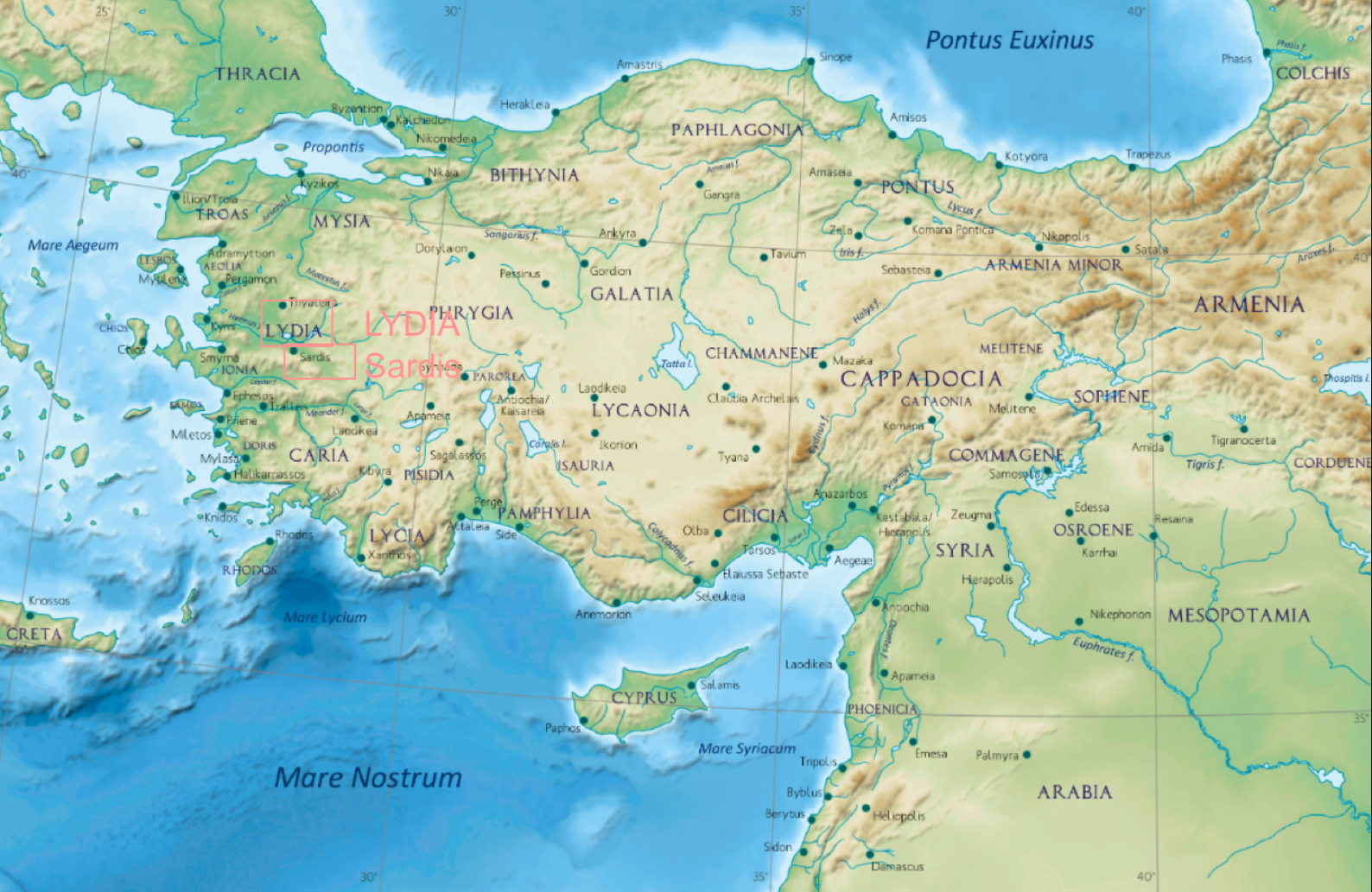 <p>1 Anatolia/Asia Minor</p><p>a) Lydia= non-Greek region in Western Anatolia</p><p>b) Sardis = Capital city of Lydia</p>