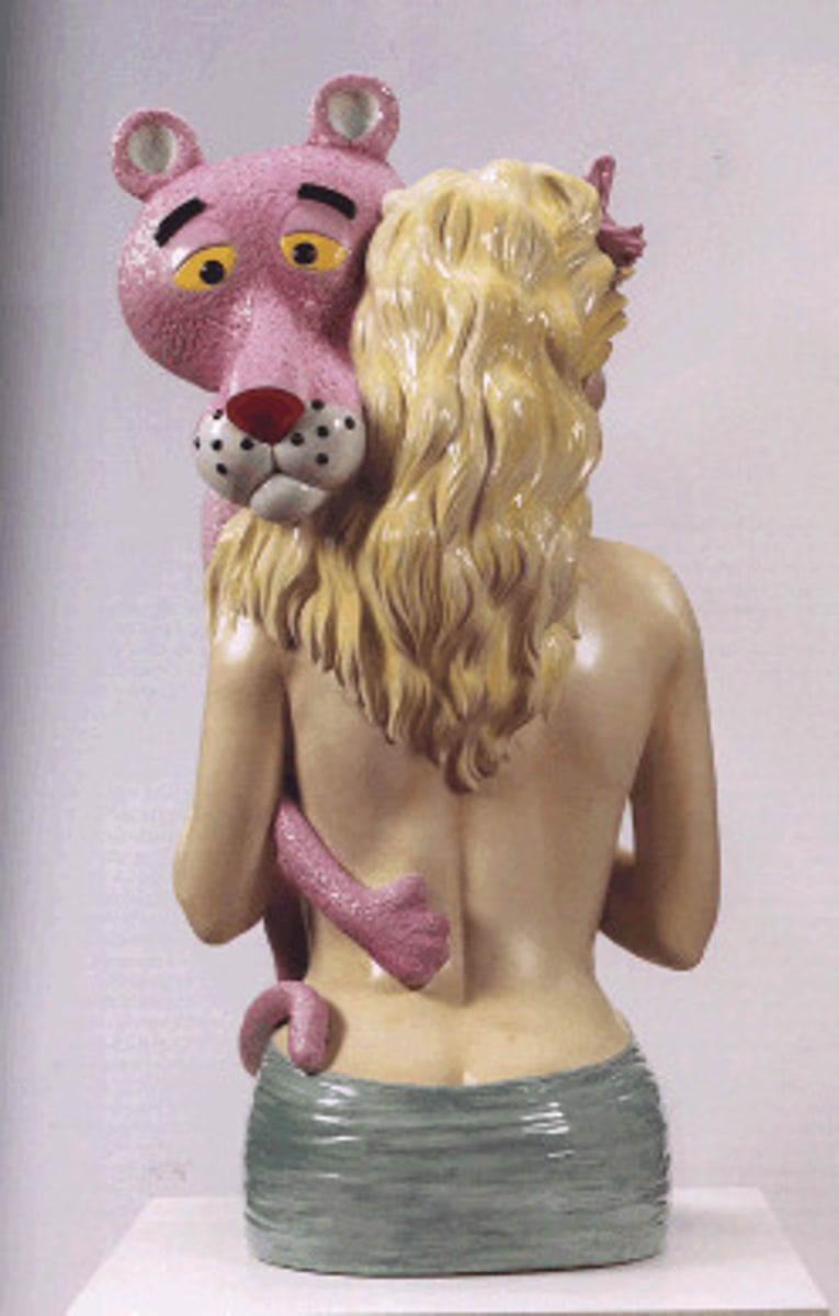 <p>Jeff Koons</p><p>1988 CE</p><p>Form: Glazed porcelain</p><p>Function: Part of a series that lacks unoriginal and lacking novelty. May be commenting on the idea of the commodity of sex and beauty</p><p>The life-size sculpture features an overly feminized blonde pin-up style woman with heavy makeup. The woman, believed to have been inspired by movie stars Jayne Mansfield or Marilyn Monroe, represents the idealized female from popular American culture. She is in an embrace with a cartoon character, the Pink Panther, from a popular TV and film series from the 1960s and 70s. In this work Koons may be commenting on the idea of the commodity of sex and beauty. Some critics call his work kitschy, or being tacky, or of low quality, yet they still remain popular. "Pink Panther" is a sculpture Koons created in part of a series called "Banality" in 1988. Banality means unoriginal or lacking novelty</p>