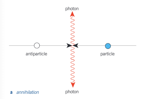 <ol><li><p>It occurs when a particle and a corresponding antiparticle meet and their mass is converted into radiation energy. Two photons are produced in this process (as a single photon cannot ensure a total momentum of zero after the collision). Therefore, the minimum energy of each photon, <em>hf</em><sub>min</sub>, is given by equation the energy of the two photons to the rest eneryg of the particle and of the antiparticle.</p></li><li><p><em>hf</em><sub>min</sub> = E<sub>0</sub></p></li></ol><p></p>
