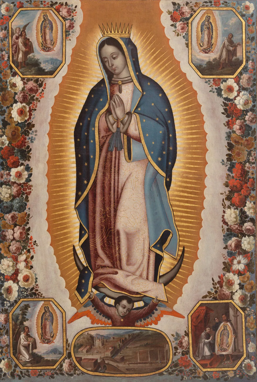 <p><strong>Content: She is the central figure, hierarchy of scale, crown. </strong></p><p>-Changes: Virgin Mary from the Apocalypse from Book of Revelations (end of the world). She has stars around her cloak shrouded in the sun (mandorla) standing on the moon. Angel figures support the frames. Circles around her tell the story of Juan Diego’s vision in 1531 </p><ul><li><p>1. Mary speaks to Juan Diego in Nahuatl (Aztec) <strong>Continuity</strong></p></li><li><p>2. She asks for a shrine on an old pagan hill</p></li><li><p>3. Bishop doesn’t believe him so she asks Juan to gather roses in a cloak and her image miraculously appears (acheiro poieta) ← common to icon paintings <strong>CHANGE</strong></p></li></ul><p>- Continuity: symbol of eagle on a cactus and Mary/Diego have darker native skin. </p><p></p><p></p><p><strong>Context:</strong></p><p>-Changes: Global trade is occurring from Spain, New Spain, and Japan. Intense catholic conversion of Natives. Vision occurs 10 yrs after Spanish conquest of the Aztecs. </p><p></p><p></p><p><strong>Form:</strong></p><p>-Changes: oil on canvas. The mother of pearl is shiny and reflects the light of heaven, making the image sacred</p><p></p><p></p><p><strong>Function: shows national pride as Mary is the patron saint of Mexico city/New Spain</strong></p><p>-Changes: Religious convergence justifies the conquest of Catholicism over native pagan sites (Hill of Tepeyac). Meant to be venerated (Catholic). </p><p></p>