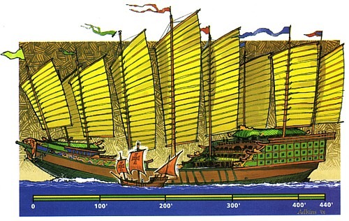 A very large flatbottom sailing ship produced in the Tang and Song Empires, specially designed for long-distance commercial travel.