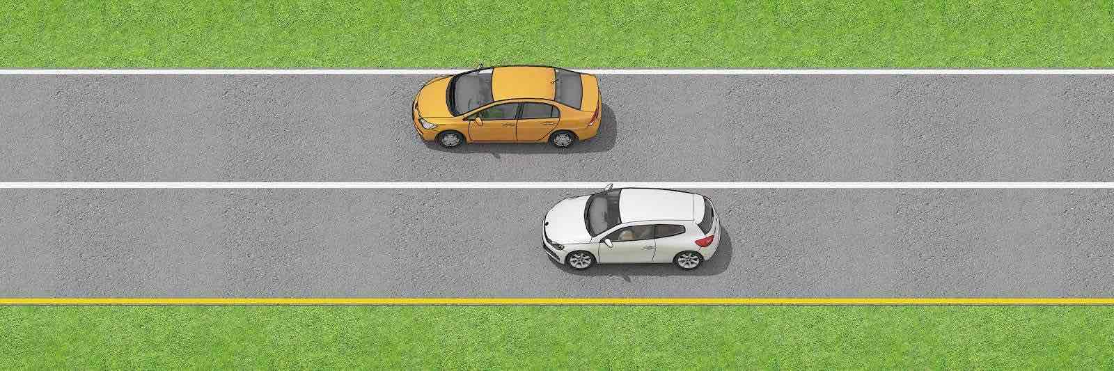 <p>Marks traffic going in the same direction, including one way street. Do not cross over.</p>