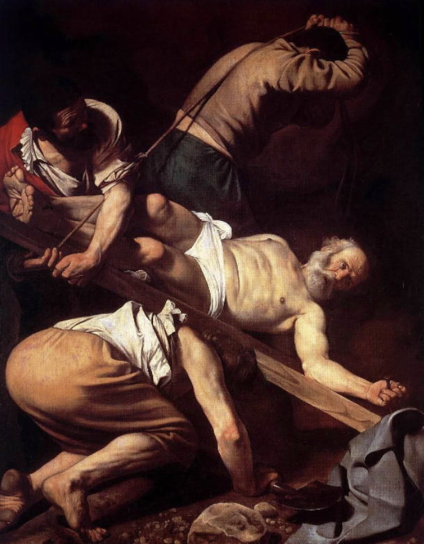 <p>Caravaggio, Crucifixion of St. Peter, Cerasi Chapel, Santa Maria del Popolo, Rome, c. 1601. Oil on canvas</p>