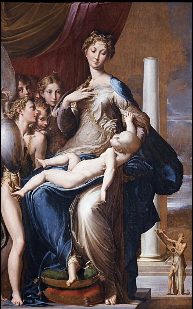<ul><li><p>Parmagianino</p></li><li><p>Exaggerated features to give greater sense of grace/elegance</p><ul><li><p>Both have elongated bodies</p></li></ul></li><li><p>Foreshadow Christ’s sacrifice</p></li><li><p>Curvilinear and graceful</p></li><li><p>No one-point linear perspective, not interested in a naturalistic image</p></li><li><p>rejecting Renaissance art ideas</p><ul><li><p>Artists like breaking standards to push into new boundaries</p></li></ul></li></ul>