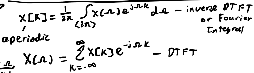 <p>a continum of frequency over 2pi interval for needed; X(omega) is a periodic fcn of omega w/ period 2pi</p>