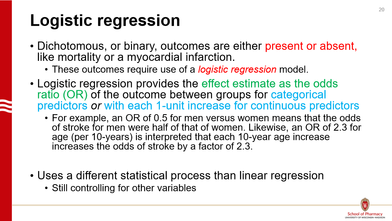 <p>. For categorical predictors, the odds ratio compares the odds of the outcome occurring with the presence versus absence of the predictor. </p><p></p><p>For continuous predictors, the odds ratio describes the change in odds for each one-unit increase in the predictor.</p>