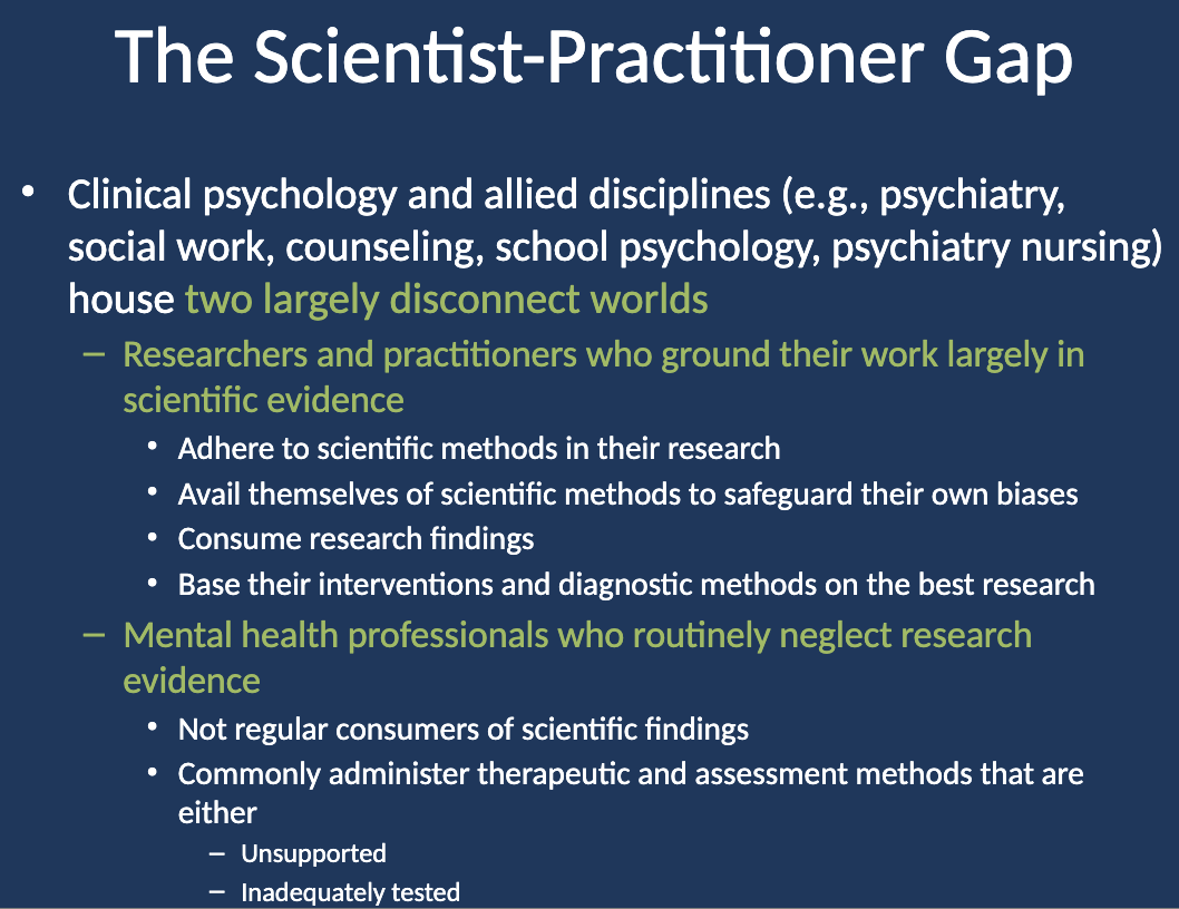 <p class=""><strong>Two largely disconnected worlds:</strong></p><ol><li><p class=""><strong>Researchers and practitioners who ground their work largely in scientific evidence.</strong></p></li><li><p class=""><strong>Mental health professionals who routinely neglect research evidence.</strong></p></li></ol><p></p>