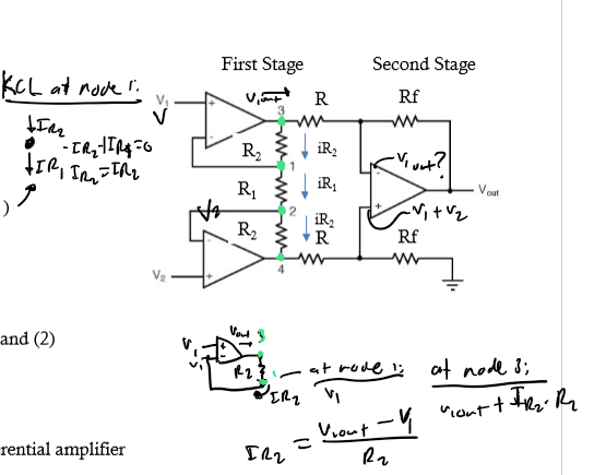 <p>3 op amps but 2 stages; first stage = infinite input impedance and second stage is simply a unity gain (A = 1); use KCL</p>