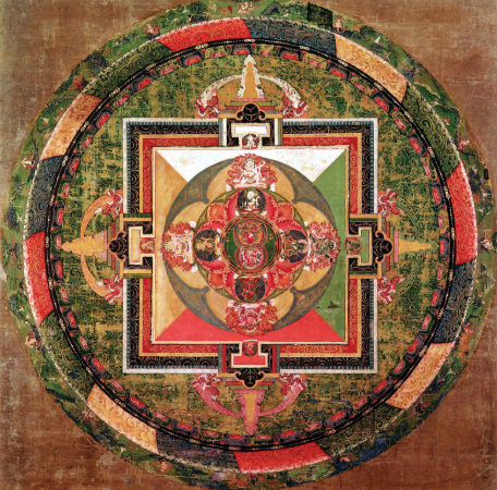 <p>disgram composed of circles within a square, serving as meditative&nbsp;device; mandala is the basis of plans of Buddhist and Hindu temples in  india and Southeast Asia</p>