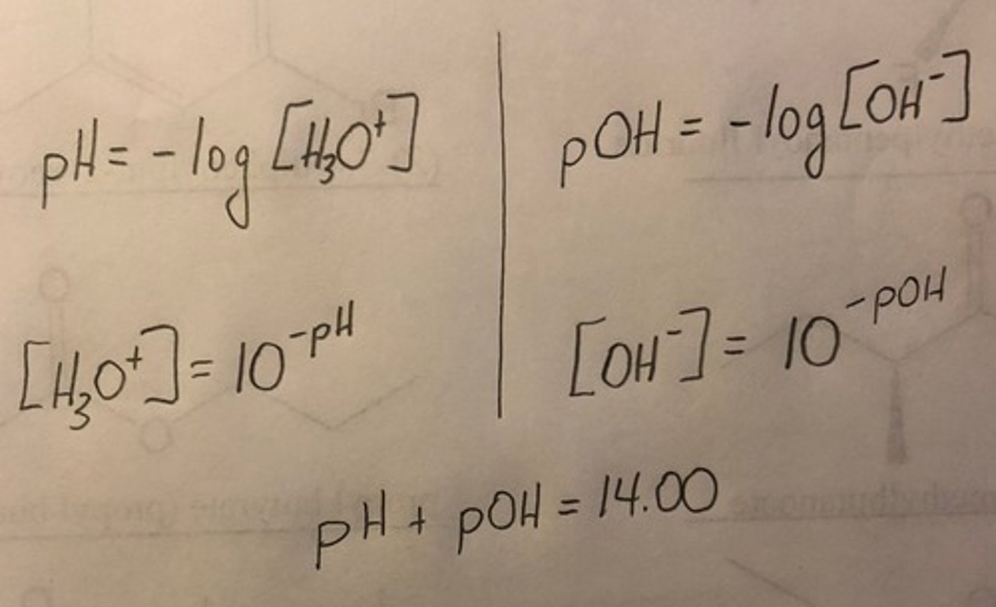 <p>A measure of the acidity or basicity of a solution, calculated as pH = -log [H3O+].</p>
