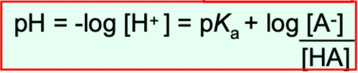 <p>​pH = -log[H+] = pKa + log[A-]/[HA]</p>