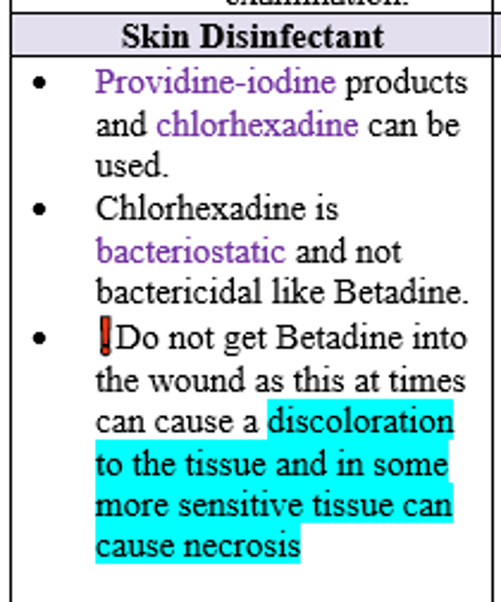 <p>A. Chlorhexidine</p><p>(Betadine is not recommended; Povidone Iodine IS recommended but is bactericidal and partially fungicidal/ virucidal) </p>