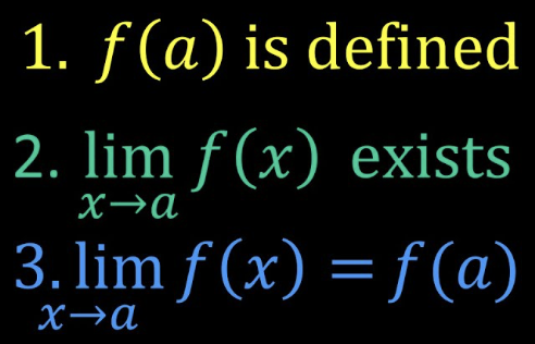 <p>f is continuous at x = a only if </p><p></p><ol><li><p>f(a) is defined</p></li><li><p>limx→a f(x) exists</p></li><li><p>limx→a f(x) = f(a) </p></li></ol><p></p><p>Make sure to clearly state each part of this for FRQs</p>