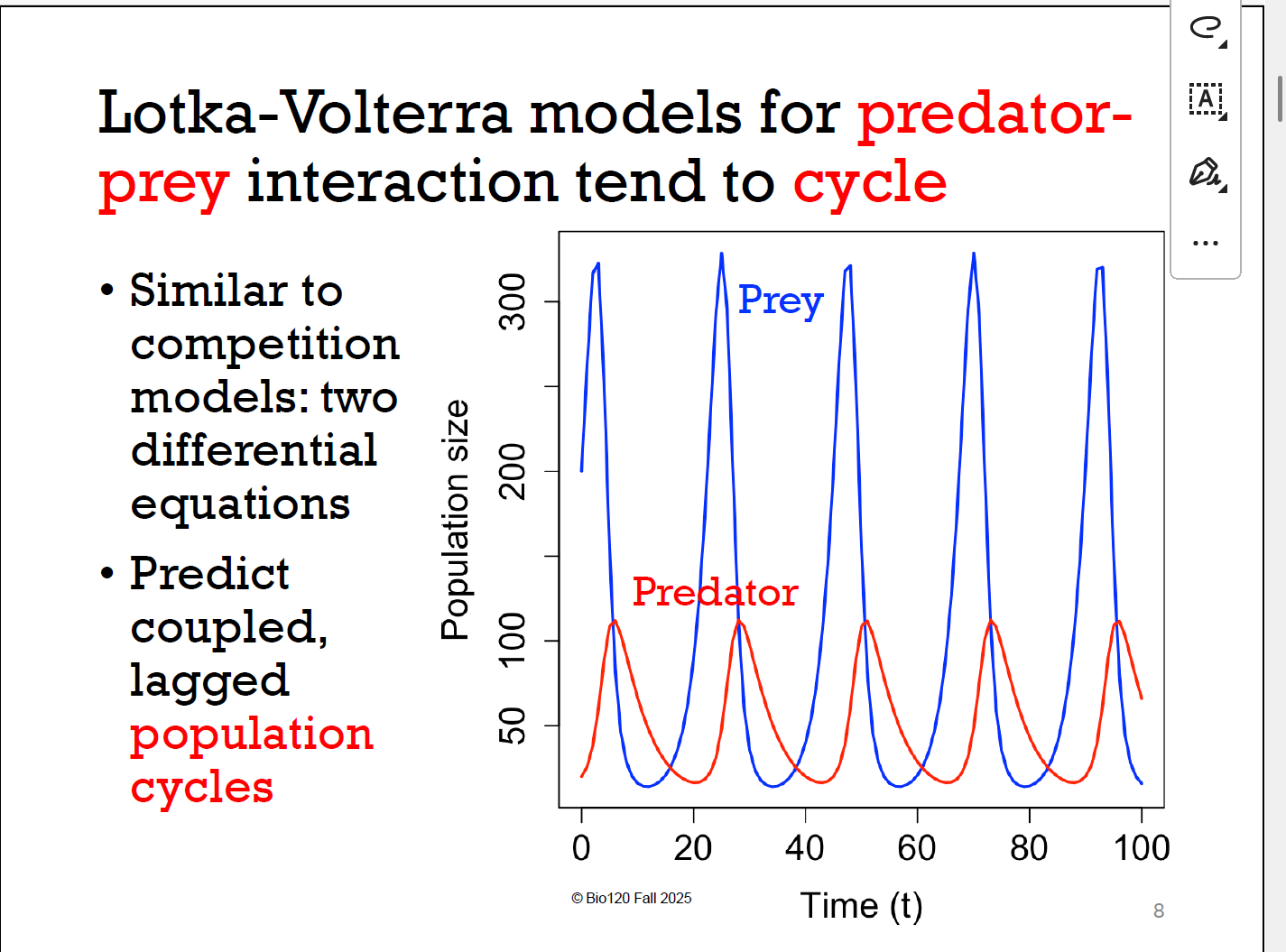 <p>捕食者predator曲线落后于猎物prey</p><p>形成成对的，延后的周期 coupled, lagged population cycles</p>
