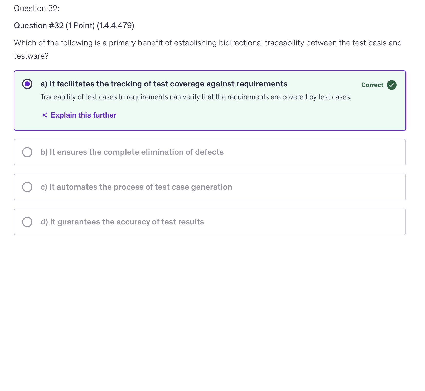 <p>a) It facilitates the tracking of test coverage against requirements</p>