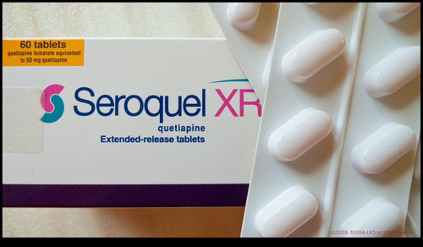 <p>Quetiapine</p><p>Antipsychotic</p><p>Schizophrenia, bipolar, depression</p>
