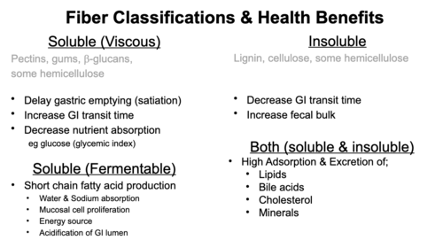 <p>Some of our fibers low soluble, low viscous, low fermentability increase transit time through GI tract. They bulk up the stool. Ones in middle (medium, fermentability, medium viscosity) increase transit time n pull water in stool making it softer. Highly viscous, fermentable: increase nutrient bioavailability and will create short chain FA due to fermentability. Soluble, non-viscous - prebiotic/probiotic food like immulin, GOS</p>
