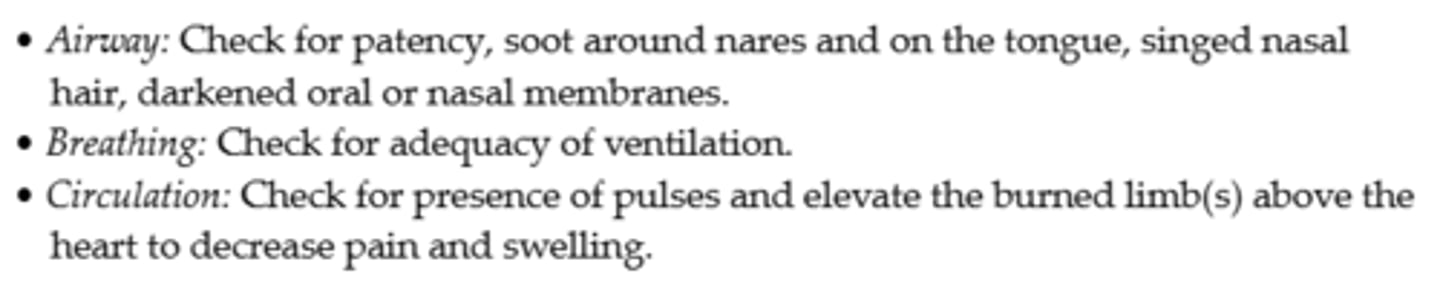 <p>- At the injury scene, priority is given to removing the person from the source of the burn and stopping the burning process</p><p>- Small thermal burns (<10% of TBSA) should be covered with a clean, cool, tap water-dampened towel for the patient's comfort and protection until definitive medical care is instituted</p><p>- Cooling of the injured area (if small) within 1 minute helps minimize the depth of the injury</p><p>- If the burn area is large (>10% TBSA) or an electrical or inhalation burn is suspected and the patient is unresponsive, attention needs to be focused first on ABC (airway, breathing, circulation)</p><p>- To prevent hypothermia, large burns should be cooled for no more than 10 minutes</p><p>- A burn should never be covered with ice because this can cause hypothermia and vasoconstriction of blood vessels, further reducing blood flow to the injury</p><p>- As much burned clothing as possible should be gently removed, to prevent further tissue damage</p><p>- Adherent clothing should be left in place until the patient is transferred to a hospital</p><p>- The patient should be wrapped in a dry, clean sheet or blanket to prevent further contamination of the wound and to provide warmth</p><p>- Chemical burns are best treated by quickly removing the solid particles and powder from the skin</p><p>- Patients with inhalation injuries should be observed closely for signs of respiratory distress or compromise</p><p>- It is important for individuals involved in the prehospital phase of burn care to adequately communicate the circumstances of the injury to hospital-based health care providers</p>