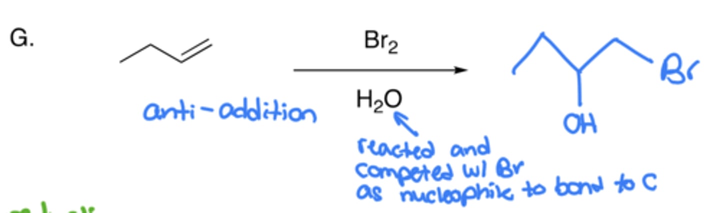 <p>- Addition of a halogen (Br) and OH</p><p>- Anti-addition, no carbocation (due to cyclic bromonium formation)</p><p>- The same thing as halogenation, but uses H2O as solvent instead of Ch2Cl2</p><p>- The H2O competes with Br to bind to C, and it wins because it is high in abundance</p><p>- The H2O attaches to the C with least H (Markovnikov)</p><p>- Can also be done with CH3OH or NaCl, where OH or Cl would add instead of Br</p>
