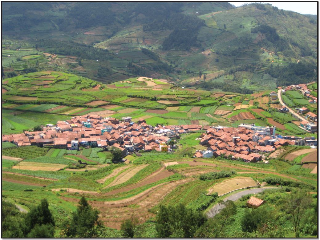 <p>settlements where a number of families live in close proximity to each other with fields surrounding the collection of houses and farm buildings</p>