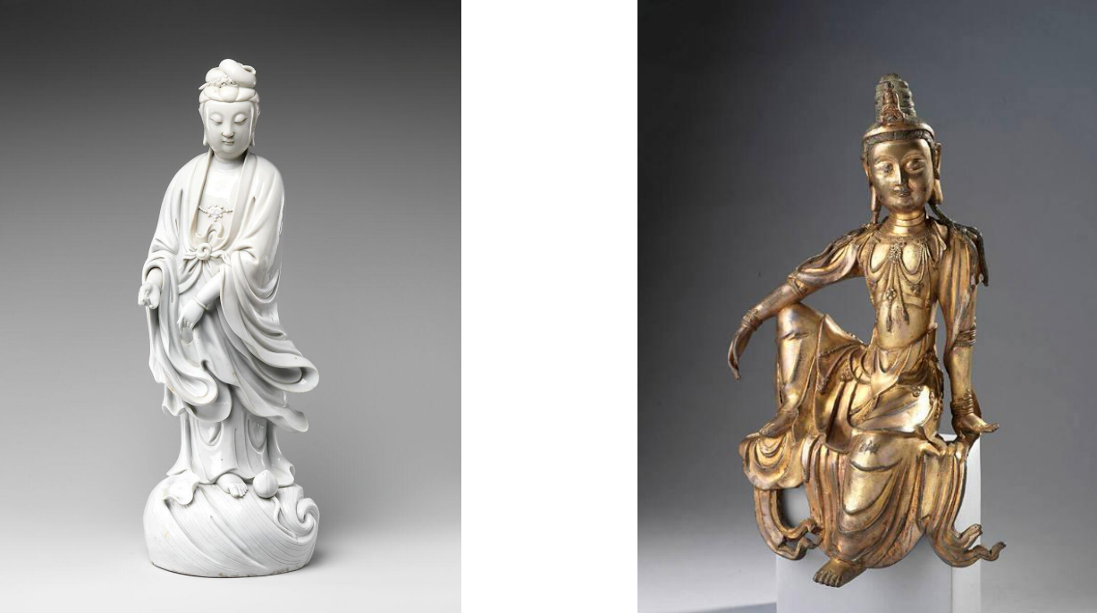 <p>Guanyin in female and male form, 17th C Porcelain with ivory glaze and 14th-15th Century gilded bronze</p>