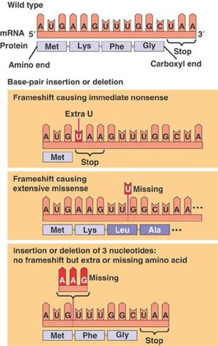 <p>Insertions or deletions altering reading frame.</p>