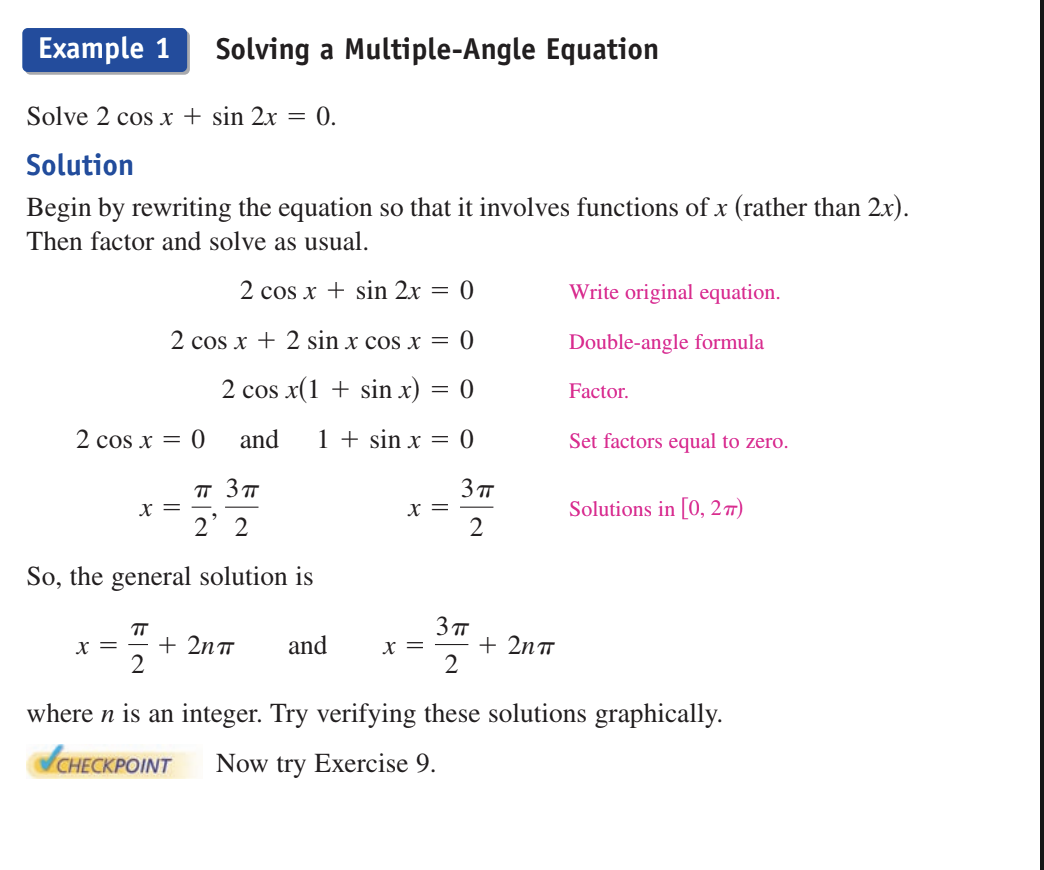 <p>solve&nbsp;</p><p>2cosx + sin2x = 0&nbsp;</p><p></p><p>Use the sin double angle formula</p><p></p><p>2cosx+<span style="background-color: transparent;"><span>2 sin x cos x = 0 </span></span></p><p></p><p><span style="background-color: transparent;"><span>factor&nbsp;</span></span></p><p><span style="background-color: transparent;"><span>2cosx(1+sinx)=0</span></span></p><p></p><p><span style="background-color: transparent;"><span>2cosx=0 1+sinx=0</span></span></p><p></p><p><span style="background-color: transparent;"><span>cosx=0. sinx=-1</span></span></p><p></p><p><span style="background-color: transparent;"><span>x= pie/2, 3pie/2 and x= 3pie/2</span></span></p><p></p><p><span style="background-color: transparent;"><span>General solution</span></span></p><p></p><p><span style="background-color: transparent;"><span>x=pie/2 +2pien. x=3pie/2 + 2pie n</span></span></p>