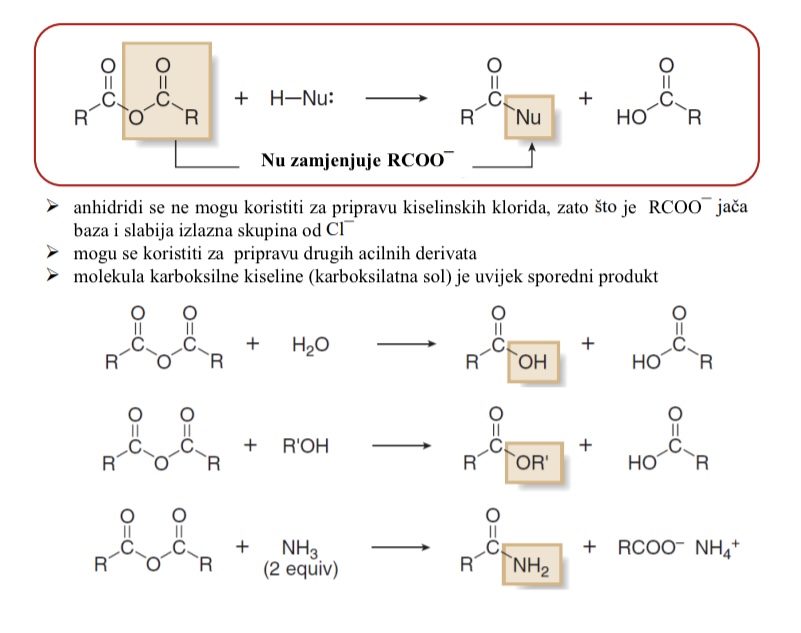<ul><li><p>pripravu drugih acilnih derivata</p></li><li><p>Sporedni produkt: molekula karboksilne kiseline (karboksilna sol)</p></li></ul><p></p>