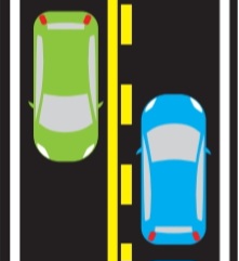 <p>Double yellow lines–broken on right (“your side” of line), solid on left</p>