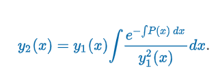<p>If <em>y<sub>1</sub></em> and <em>y</em><sub>2</sub> are linearly independent, then their quotient <em>y</em><sub>2</sub> <strong>∕</strong> <em>y</em><sub>1</sub> is nonconstant on <em>I</em>—that is, <em>y</em><sub>2</sub>(<em>x</em>) ∕ <em>y</em><sub>1</sub>(<em>x</em>) = <em>u</em>(<em>x</em>) or ​<strong><em>y</em><sub>2</sub>(<em>x</em>) = <em>u</em>(<em>x</em>)<em>y</em><sub>1</sub>(<em>x</em>).</strong></p><p>General Case:</p><p>“Let y<sub>1</sub>(x) be a solution of the homogeneous differential equation <strong><em>y</em>″ + <em>P</em>(<em>x</em>)<em>y</em>′ + <em>Q</em>(<em>x</em>)<em>y </em>= 0</strong> on an interval <em>I</em> and that y<sub>1</sub>(x) ≠ 0 for all <em>x</em> in <em>I</em>. Then (Image) is a second solution.</p><p></p><p>Note:</p><p>Drop the constant!</p>
