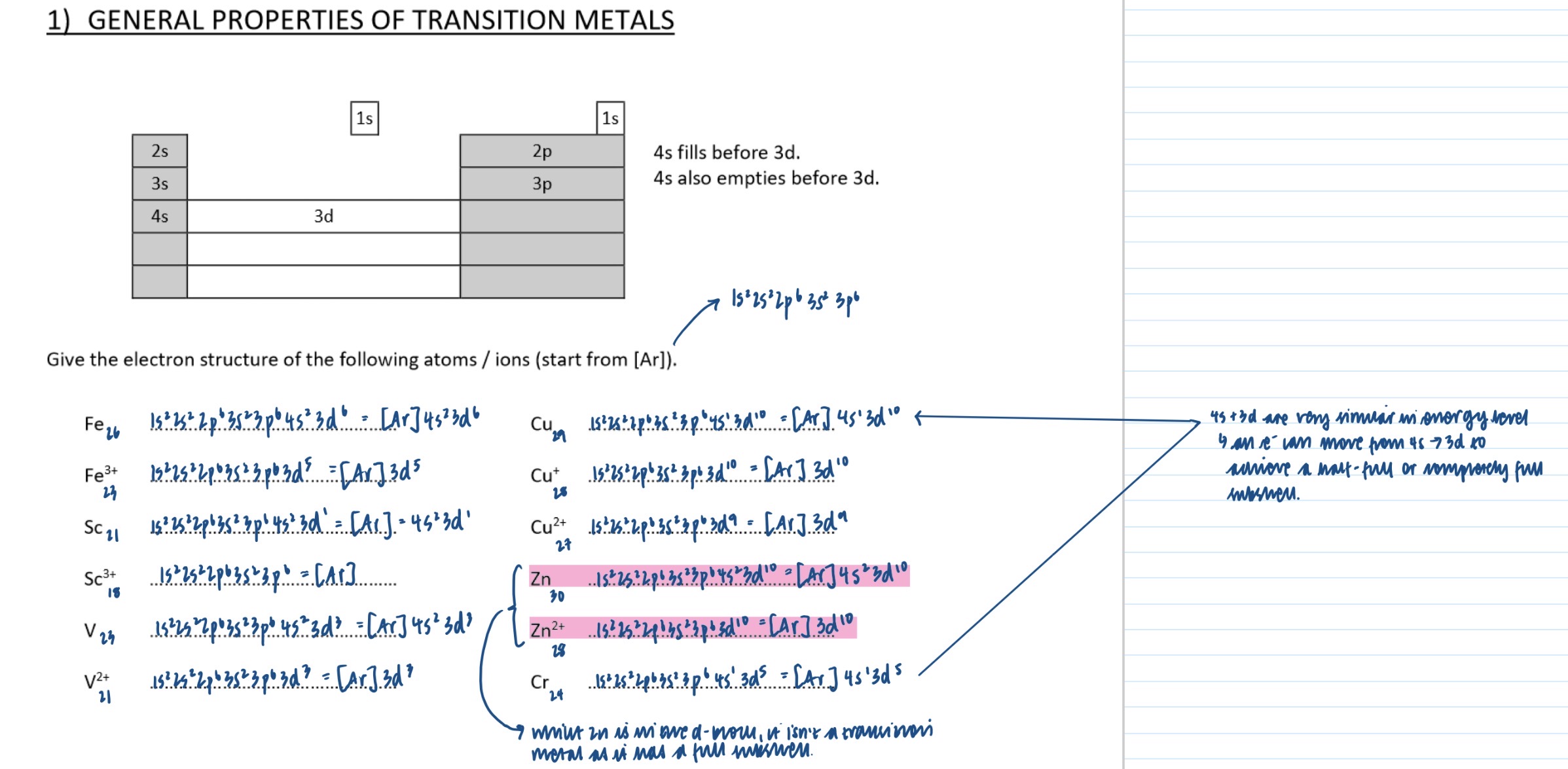 <p>Note that copper and chromium have unexpected configurations due to the stability associated with half full and full d subshells. </p><p>Note that electrons are removed from the 4s subshell before the 3d subshell as when filled the 4s subshell has a slightly higher energy than the 3d subshell</p>