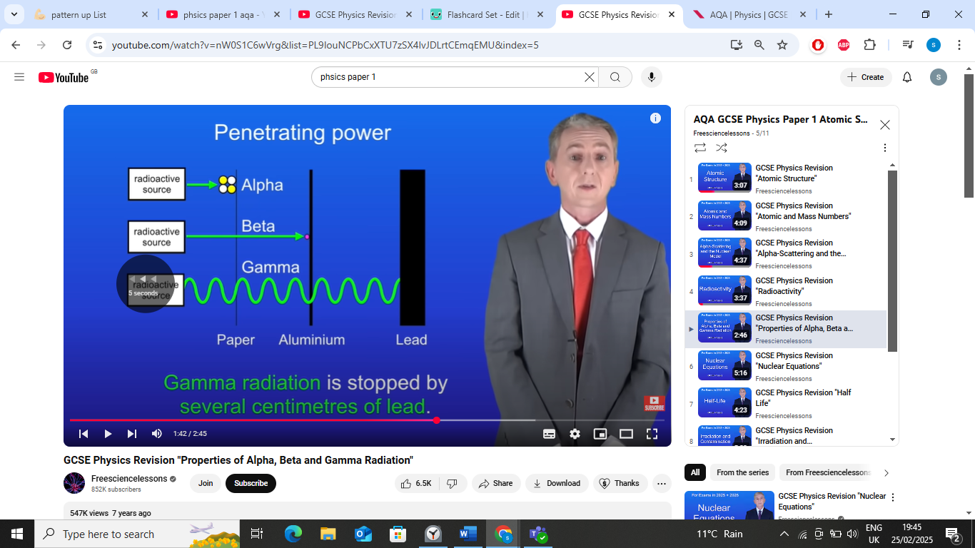 <p>beta particles stopped by few mm of aluminium,</p>